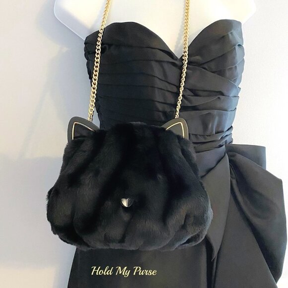 Kate Spade Pitch Purrfect Faux Fur Black Cat Bag NWT - Picture 1 of 11